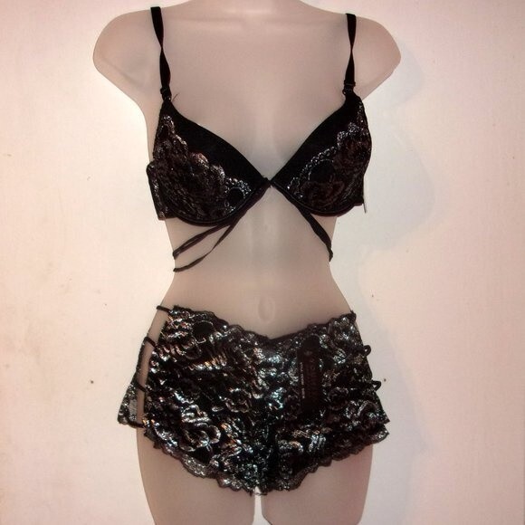 Youmita 34C Black Metallic Lace Bra & Medium Caged Coordinating Boyshort NWT - Picture 1 of 13